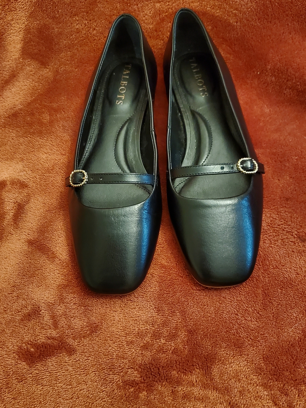Talbots Black Leather Square-Toe Mary Jane Flats with Gold Buckles